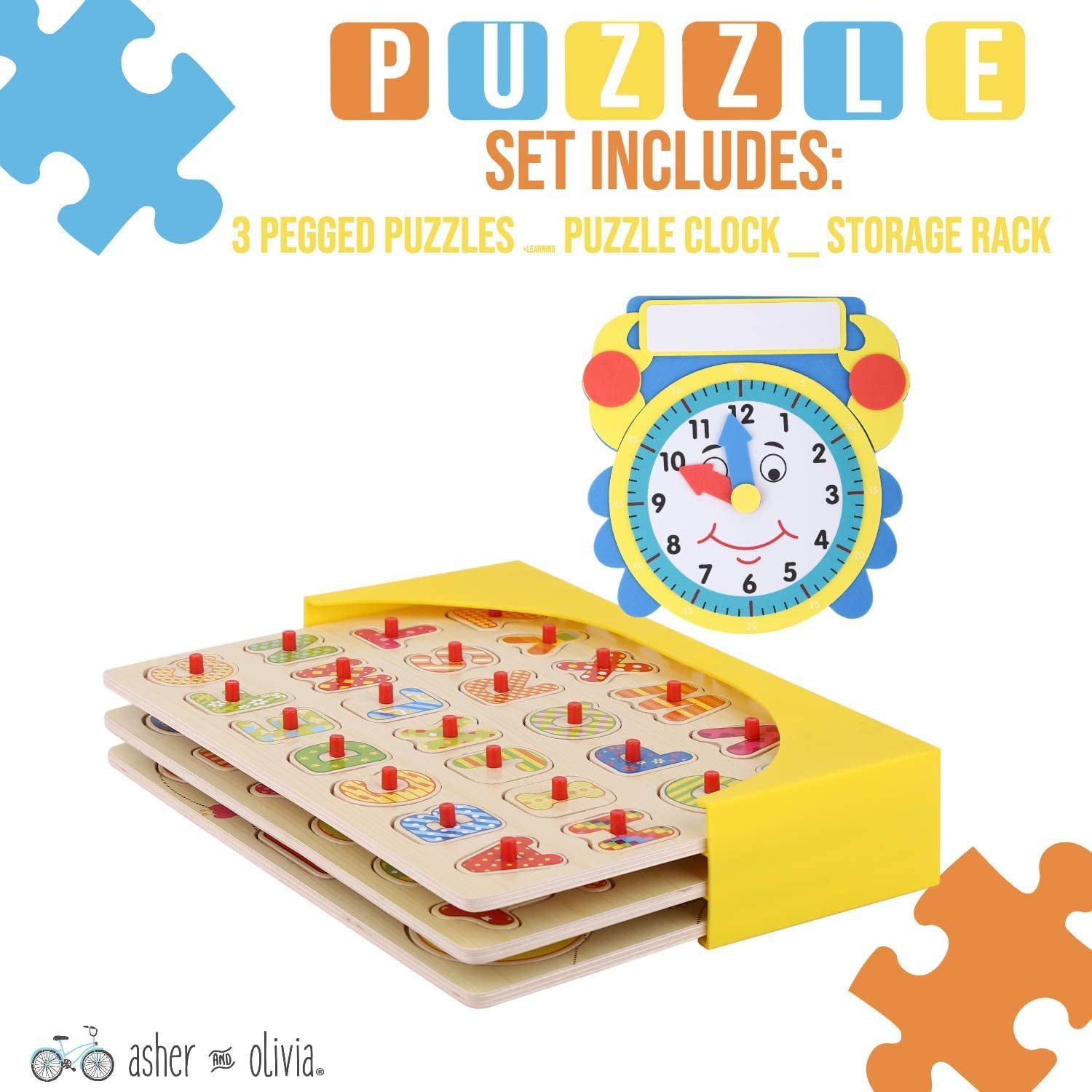 Wooden Toddler Puzzles and Rack Set - 3 Pack with Storage Holder Rack and Learning Clock - Kids Preschool Peg Puzzles for Children Boys Girls