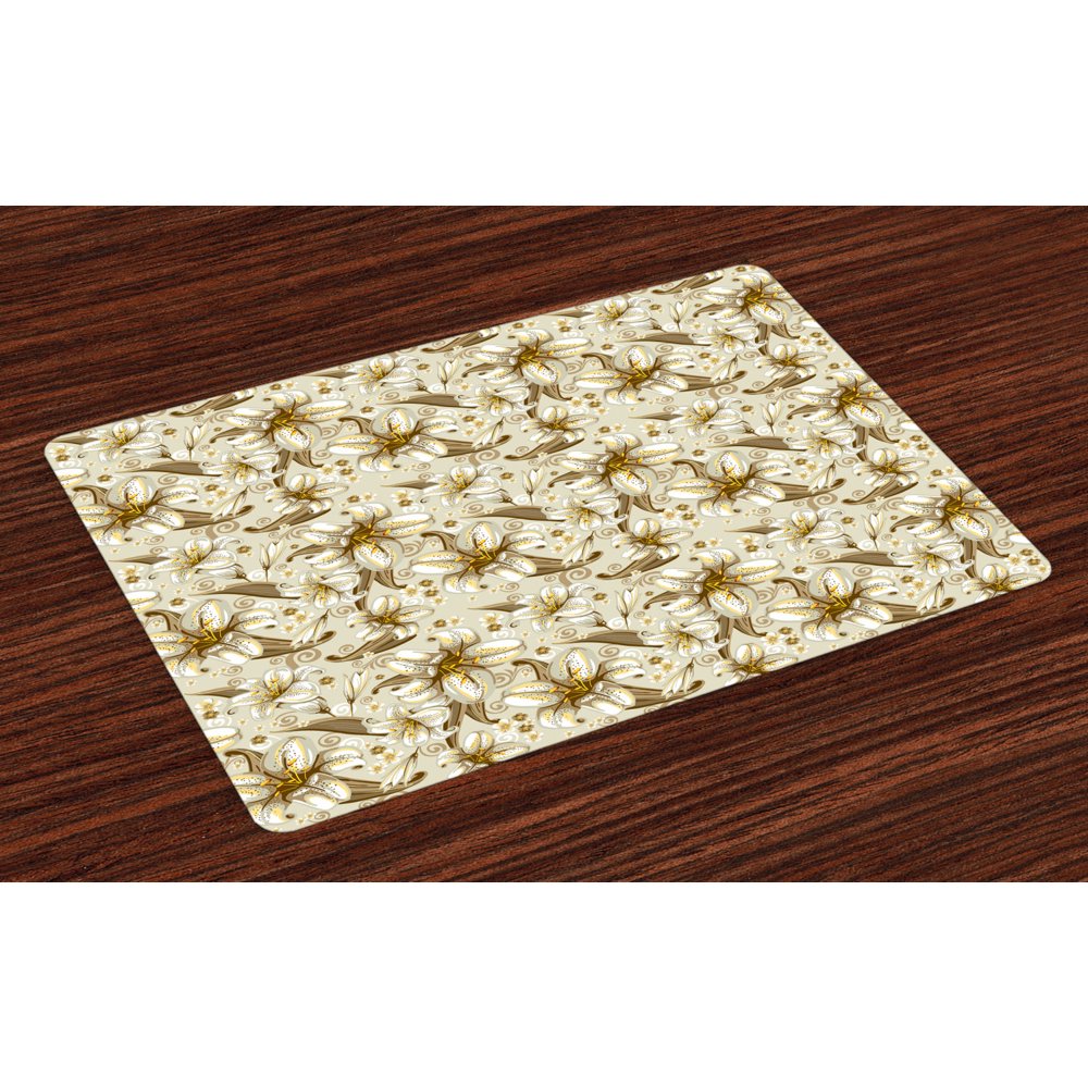Beige Placemats Set of 4 Wild Distressed Lilies Floral Background Blooming Petals Bouquet Nature
