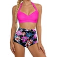 thumbnail image 1 of GDREDA Detachable Padding Neck Printed Two Piece Tankini Swimsuit High Waist Adjustable Ties Hot Pink,S, 1 of 6