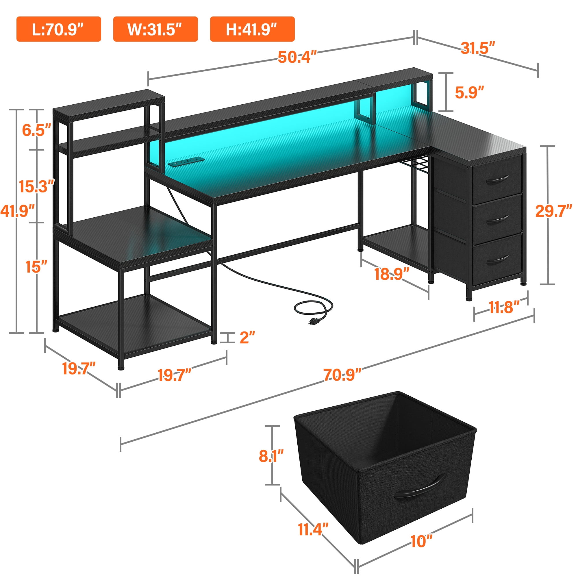 Enhomee 70.9" L Shaped Gaming Desk, Computer Desk with Power Outlet & LED Light, Home Office Desks with Drawers, Black