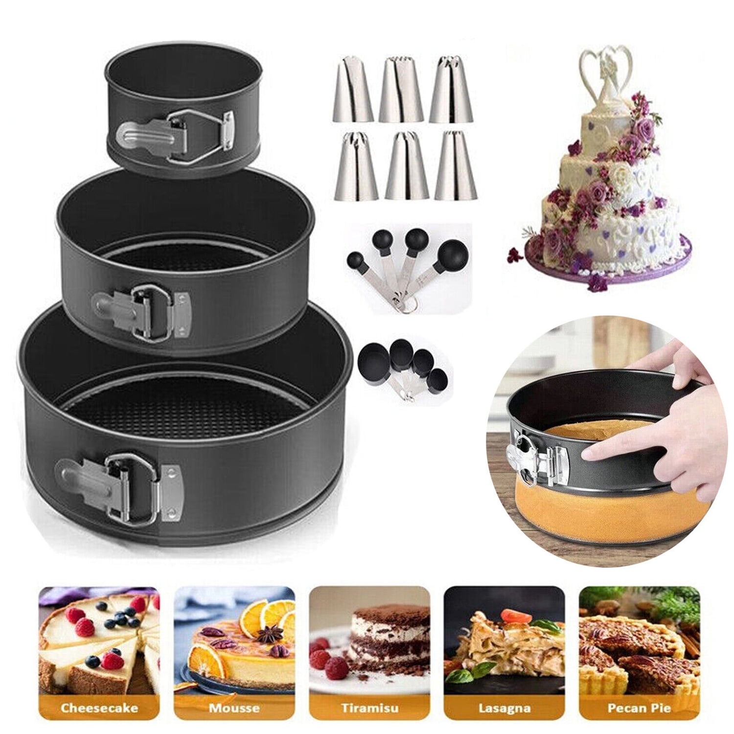 3pcs Springform Cake Pan Set,Lilhowcy 4/7/9 inches Removable Bottoms Steel Nonstick Leakproof