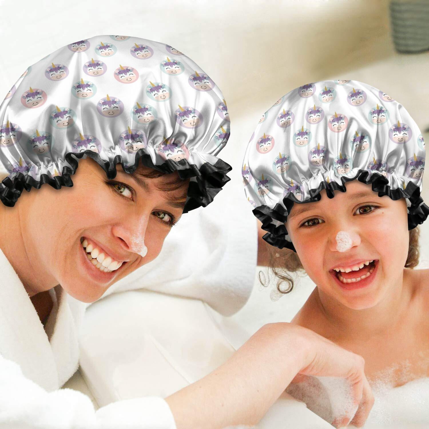Shower Caps,White Cartoon Unicorn Face Pattern Waterproof Shower Cap for Women 4 Pieces,Double Reusable Hair Cover for Shower PEVA Elastic Stretch Hem