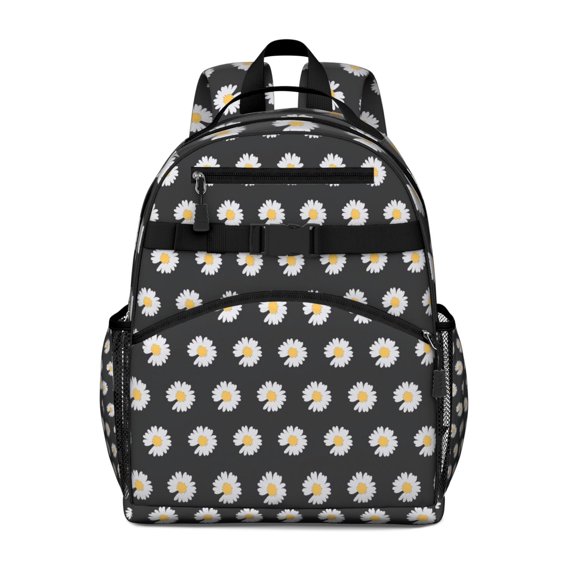 Black Daisy Flower White Blooms Pattern Backpack for School,Cute School Bag,Schoolbag with Adjustable Shoulder Straps & Padded Back,15.25"x11.5"x5.25"