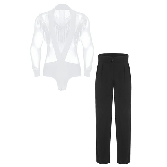 Xnihocha Mens Latin Dance Outfit Deep Vneck Long Sleeve Tassel Bodysuit Pants Chacha Salsa Jazz Dancewear White XL