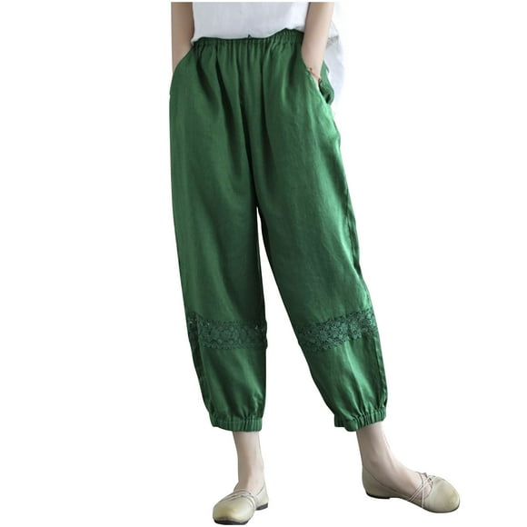 ZVAVZ Womens Capris Pants Stretch,Womens Embroidered Cotton Linen Harem Pants Casual Elastic Waisted Joggers Baggy Fit Palazzo Pants Flash Sale Green,XXL