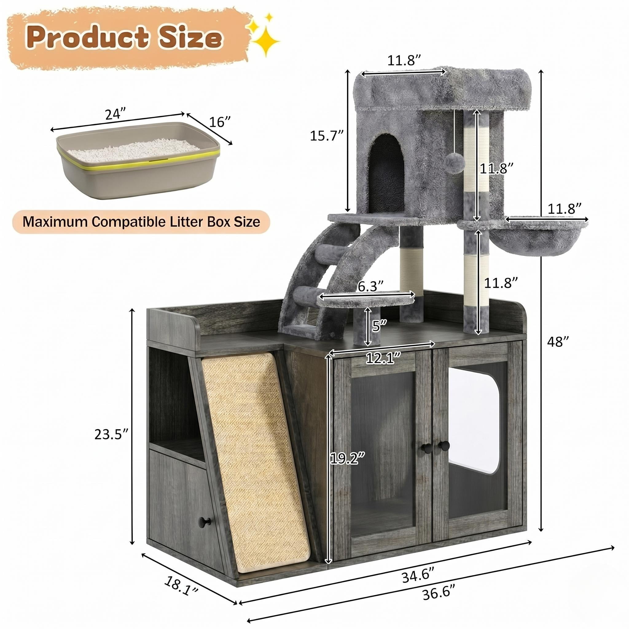 Aukfa 2-in-1 Cat Tree with Hidden Litter Box & RGB Lighting, Modern Multi-Level Cat Tower with Side Storage & Sisal Scratching Board,Gray