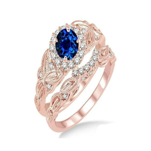 1.25 Carat Sapphire and Diamond Vintage floral Bridal Set Engagement Ring in 14k Rose Gold sapphire and diamond engagement ring