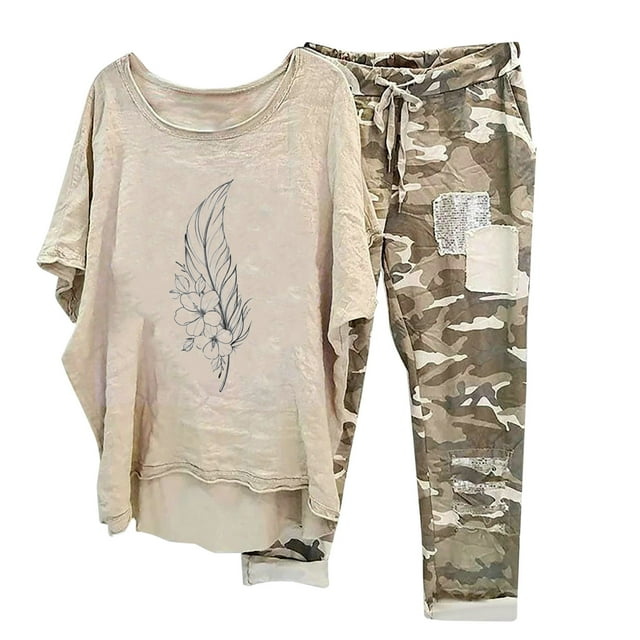 Womens Summer Casual 2 Piece Outfits Cotton Linen Short Sleeve Shirt Tops Drawstring Long Pants Lounge Sets Tracksuits