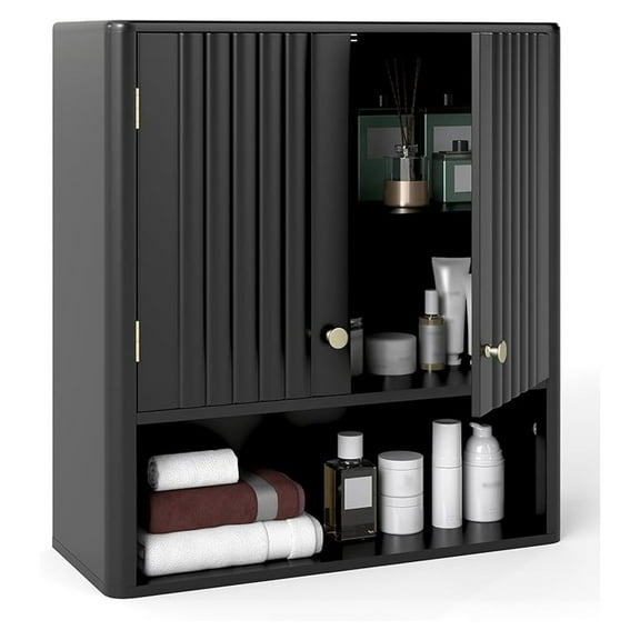 Fluted Bathroom Wall Cabinet, Modern Double Door Medicine Cabinet w/Open Shelf & Adjustable Shelf, Wall Mounted Over The Toilet Storage Organizer for Laundry Room, Kitchen (Black)