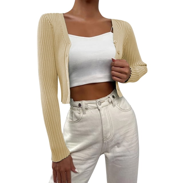 Baberdicy Ladies Sweaters Womens Long Sleeve Open Front Knit Crop Cardigan Sweater Cardigan Sweaters for Women Lightweight Beige