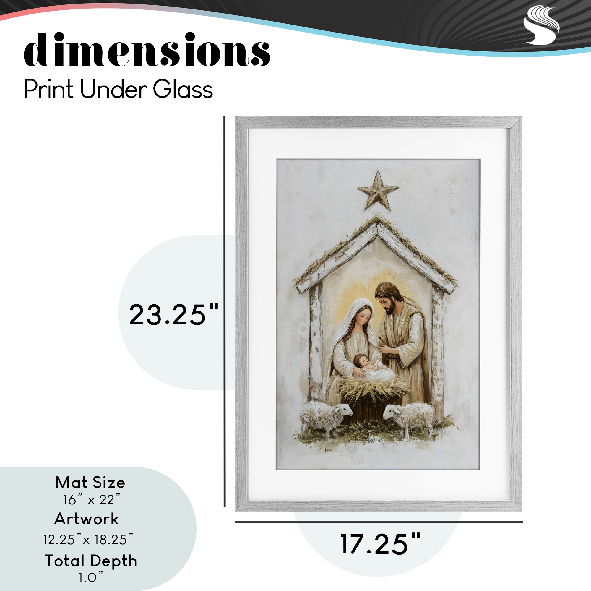Little Lambs & Nativity Gray Framed Print Under Glass, design by Petal Prints Design
