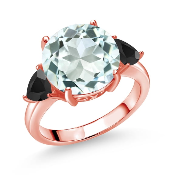 Gem Stone King 18K Rose Gold Plated Silver Sky Blue Simulated Aquamarine and Black Onyx 3-Stone Ring for Women (7.42 Cttw, Round 12MM, Trillion 5MM, Size 7)