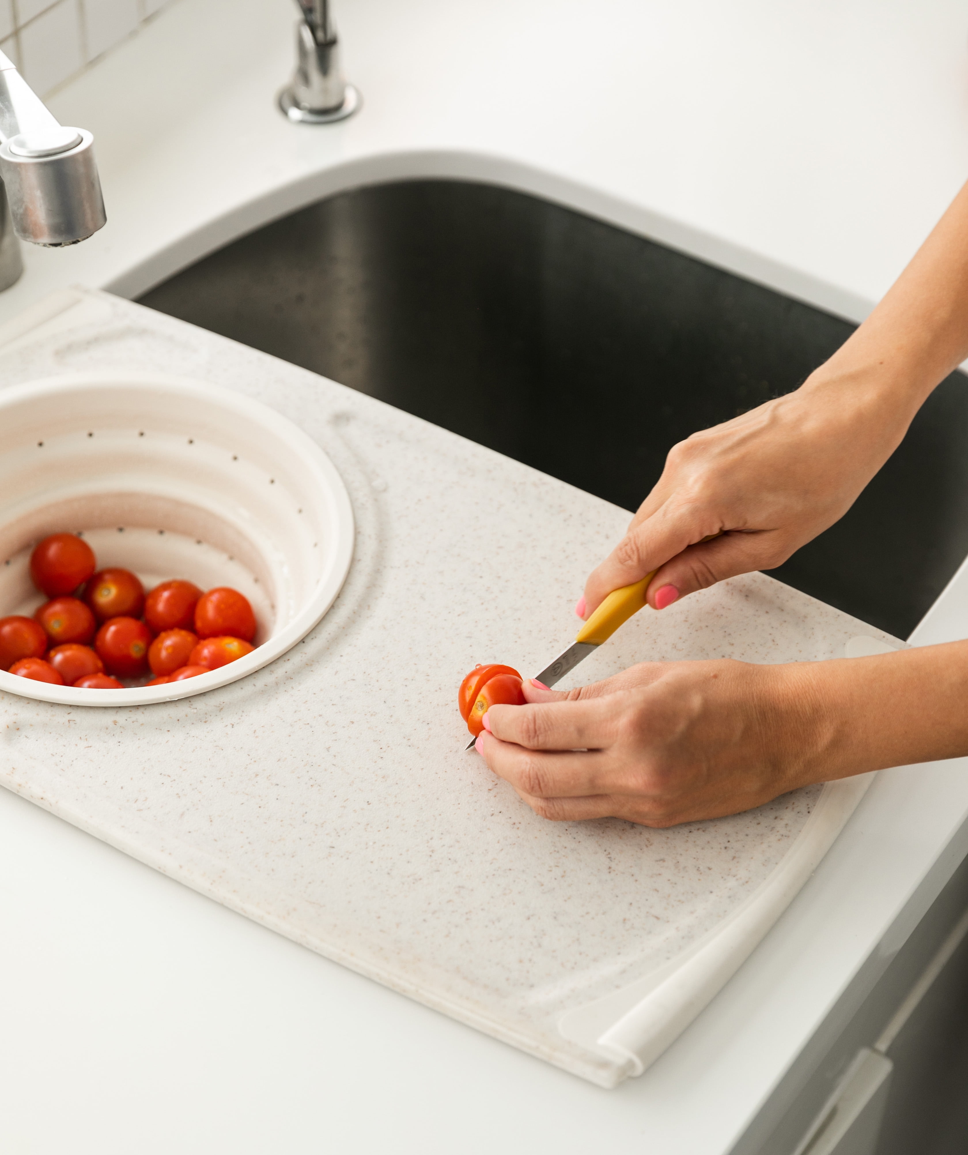 Dexas Over-the-Sink Flax Cutting Board with Collapsible Colander, 11.5 x 20 inches, Taupe