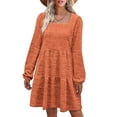 thumbnail image 4 of Vestido de manga larga, cuello cuadrado, color puro, diseño escalonado, manga abombada, vestido de túnica de verano para mujer, para fiesta, oficina, naranja S, 4 of 6