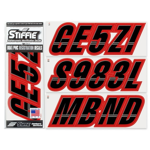 STIFFIE Techtron Black/Red 3" Alpha-Numeric Identification Custom Kit Registration Numbers & Letters Marine Stickers Decals for Boats & Personal Watercraft PWC