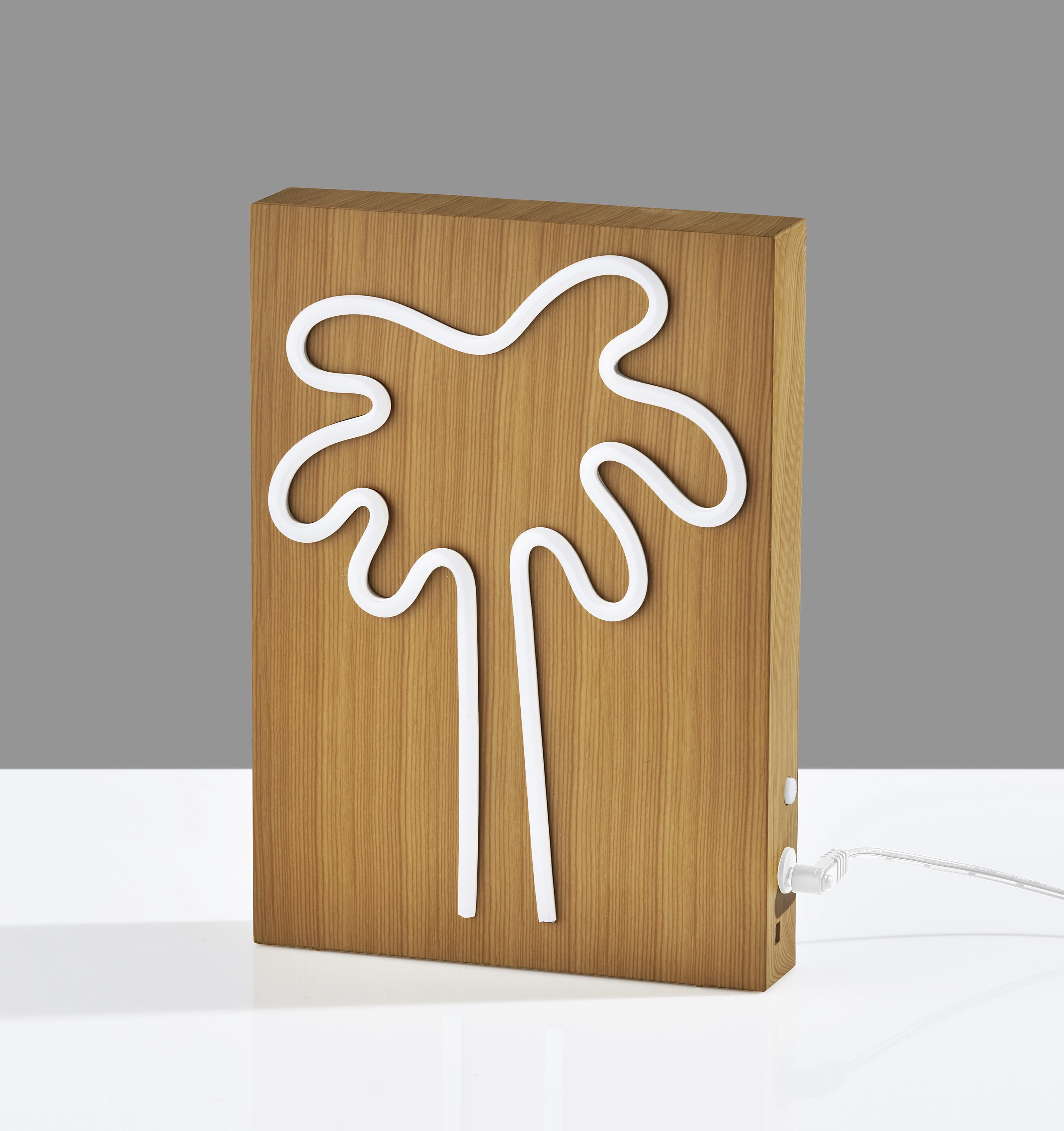 Simplee Adesso Wood Base Framed Neon Palm Tree Table/Wall Lamp, Natural Wood Base Grain Finish on Plastic - water transfer, Abs,