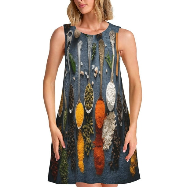 Disketp Various Herbs And Spices In Spoons para Vestido sin Mangas para Mujeres, Vestidos de Verano para Mujeres, Casual y Holgado para la Playa