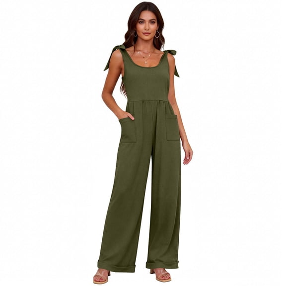 Jumpsuits for Women Sleeveless Wide Leg Loose Overalls with Pockets Bow Straps Summer Vacation Beach Long Rompers Army Green S