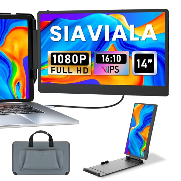 SIAVIALA Laptop Screen Extender, 14" Dual Portable Monitor for Laptops 13-17", Built-in Stand/Speaker, 1080P FHD IPS Display HDMI/USB-C Laptop Monitor Extender for Wins Mac Chrome Switch PS5