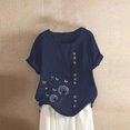 thumbnail image 6 of Wiueurtly Short Sleeve Tops for Women Boho Floral Print Cotton Linen Shirts Summer Tunic Button Crewneck Blouses Cotton And Linen Crew Neck T Shirts Navy, 6 of 7