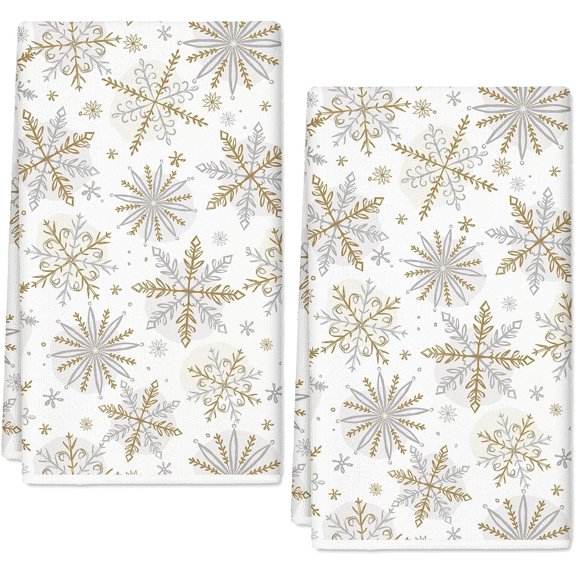 Christmas Kitchen Towels 18 x 28 Inch Silver Gold Snowflake Dish Towel Xmas Winter Absorbent Hand Drying Tea Towel for Cooking Baking, 2Pcs