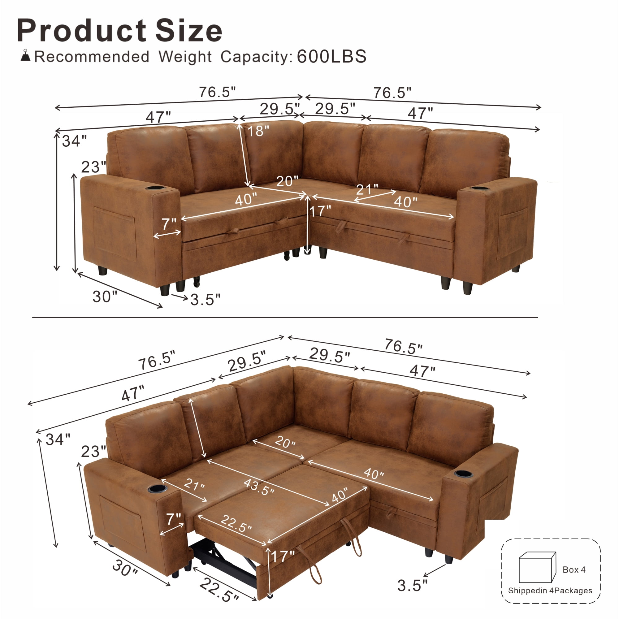 Leumius 76.5" Sectional Sleeper Sofa with Pull Out Bed,Storage Seat & Cup Holders,L-Shape Modern Upholstered Sofa Couch Convertible Corner Couch for Living Room,