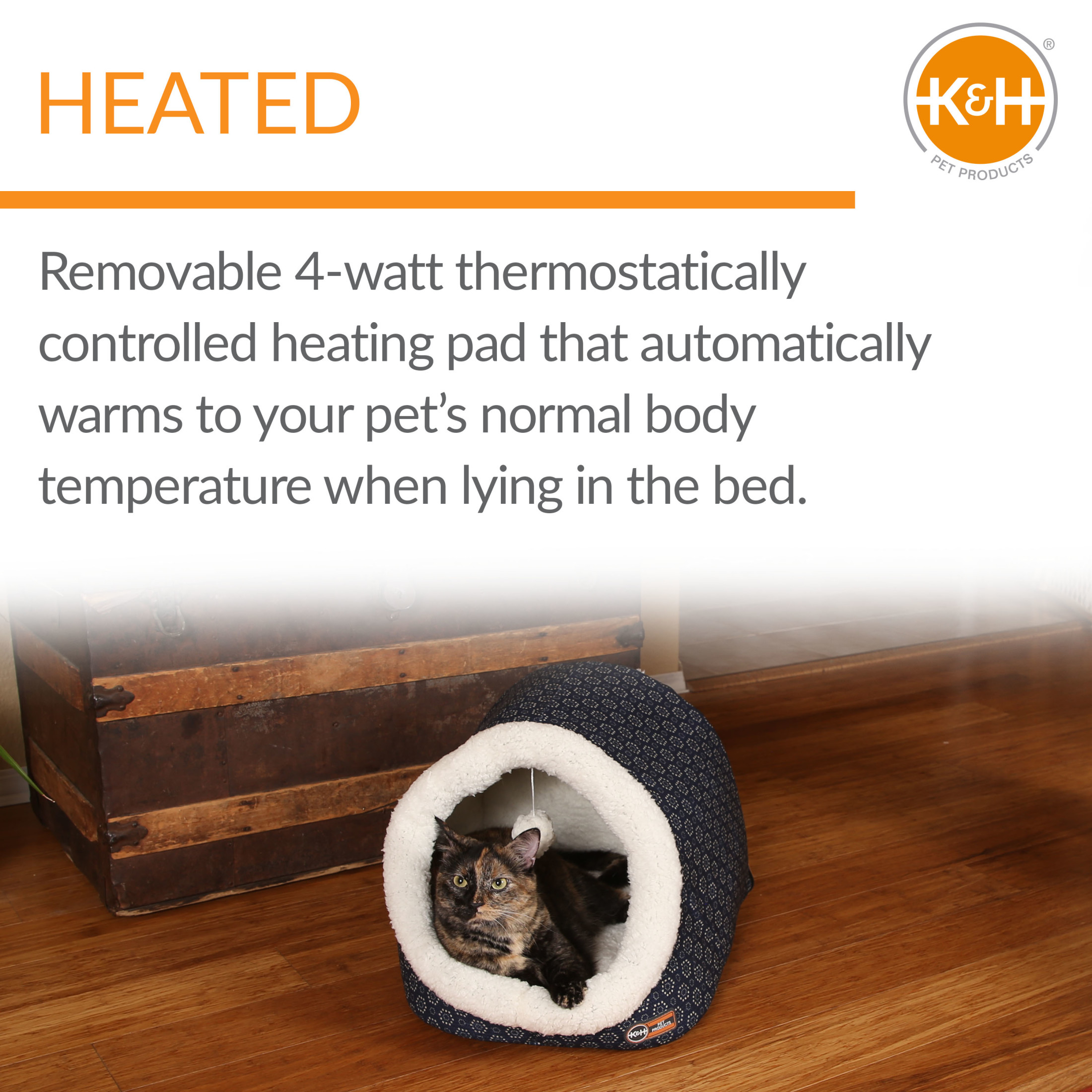 K&H Pet Products Thermo-Pet Cave Cat Bed Heated Navy/Geo Flower 17 X 15 X 13 Inches