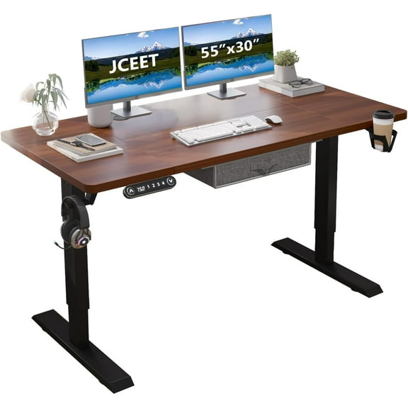 Electric Standing Desk with Drawer, 55x30 Inch Modern Computer Desk, Adjustable Height Sit Stand Up Desk with 4 Positions, Dark Walnut Top/Black Frame, Office Gaming