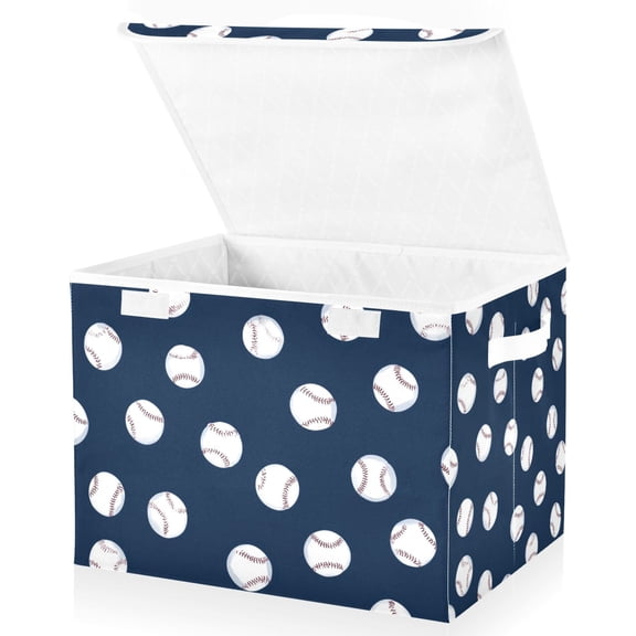 Yayeee Collapsible Cube Storage Bin with Lid Fabric Closet Decorative Basket with Handles, Navy Blue Baseball Pattern