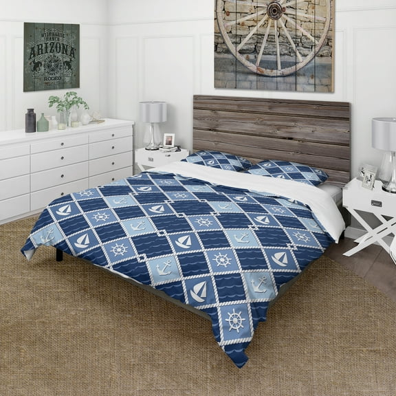 Designart 'Anchor and sailboat on blue waves' Coastal Duvet Cover Set