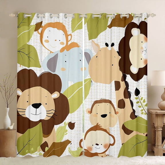 Manfei Cute Lion Giraffe Elephant Monkey Boy Girl Black Out Curtains,Cartoon Animal Curtains Pack of 2 (42x63 Each),Jungle Wildlife Bedroom Curtains,Microfiber Bedroom Decor