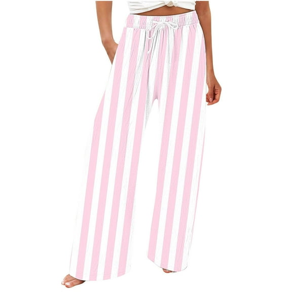 KyCheLot Women's Lounge Pants Cute Striped Plus Size Drawstring Waist Wide Leg Trousers Homewear