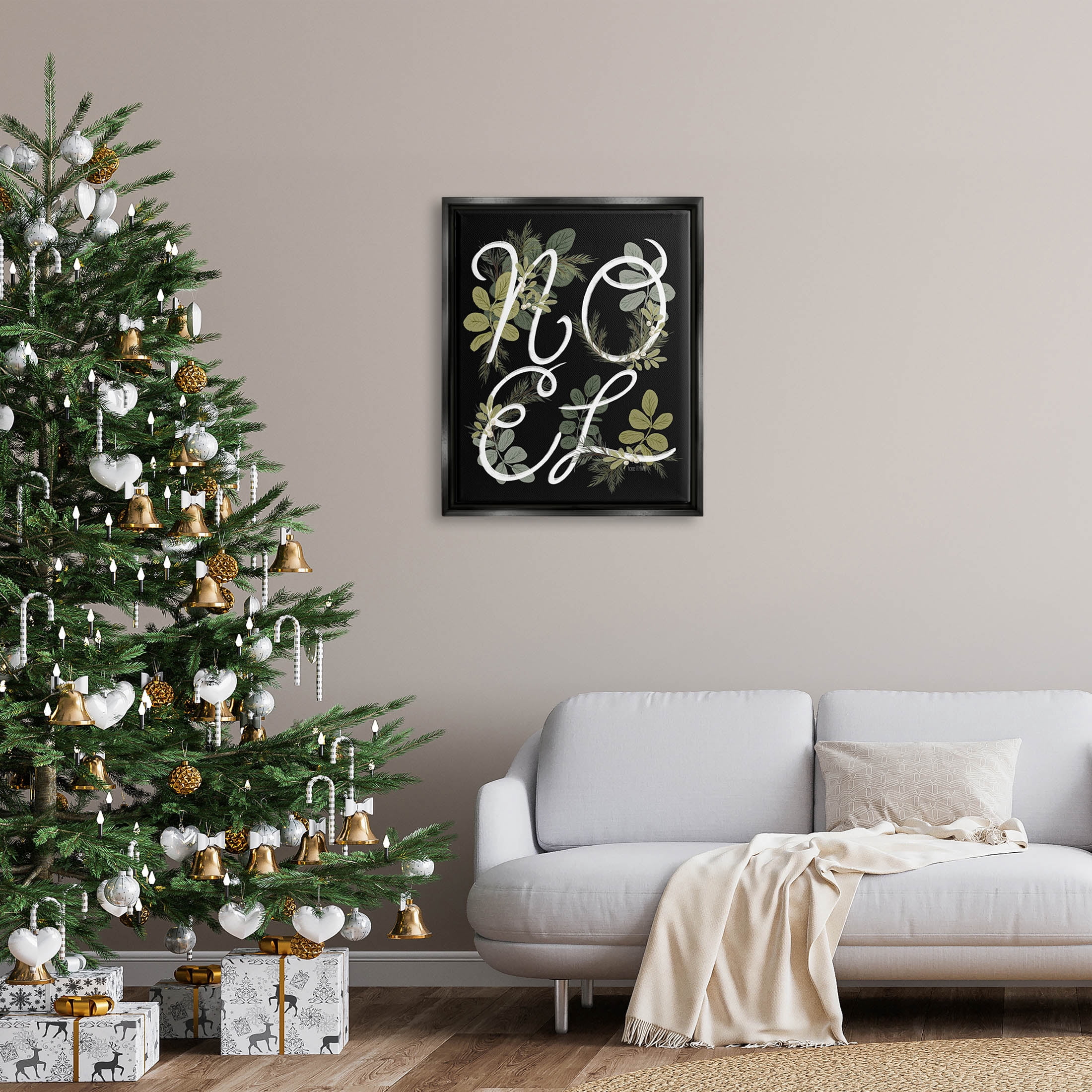 Noel Intertwined Botanical Leaves Holiday Graphic Art Jet Black Framed Art Print Wall Art