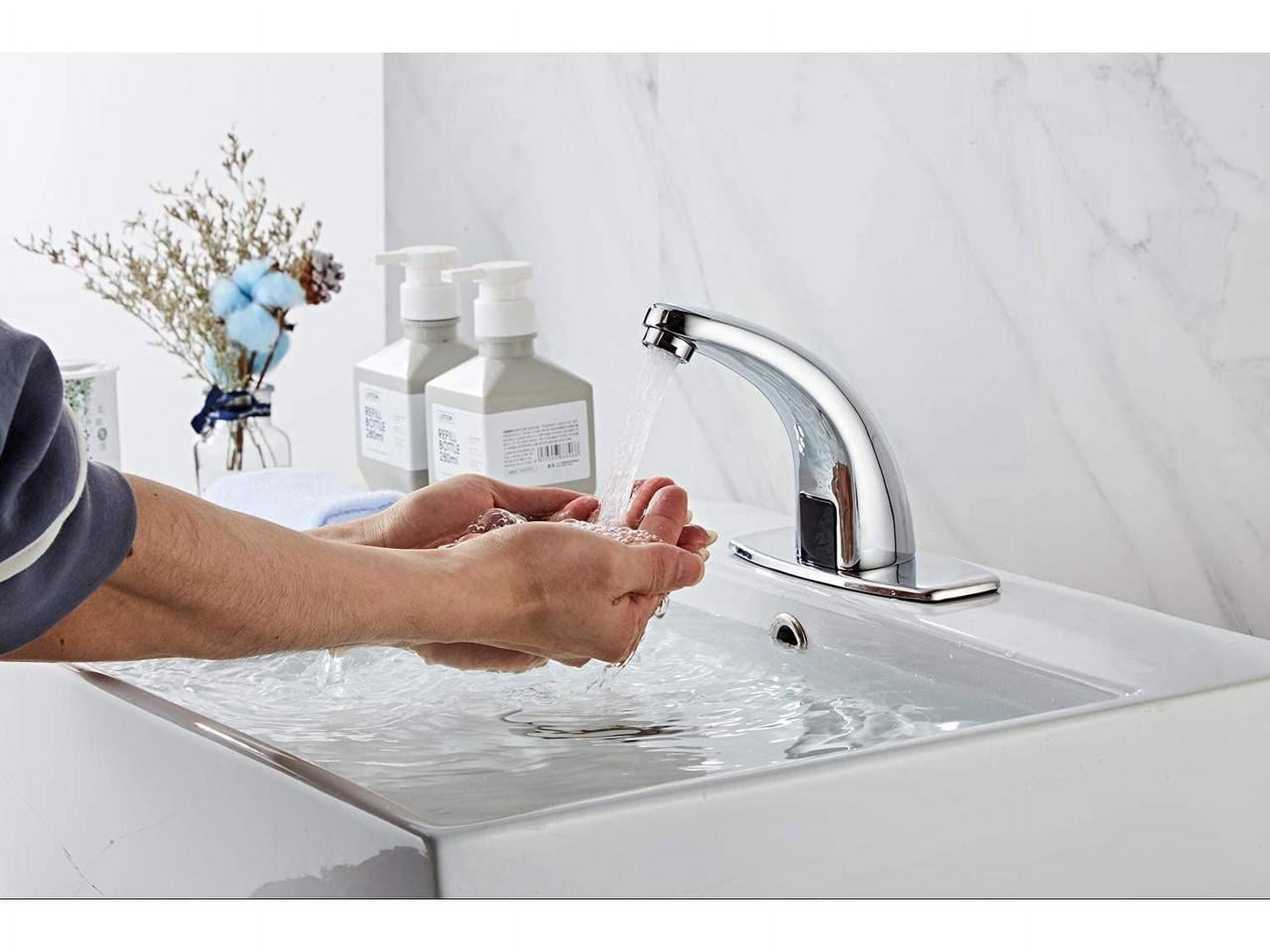 Bathroom Sink Faucet Touchless Temperature Automatic Sensor Commercial Deck Mount Solid Brass Motion Activated Bath Tub Lavatory Basin Vanity Aerator One Hole Brass Mixer Tap Touch-Free Chrome