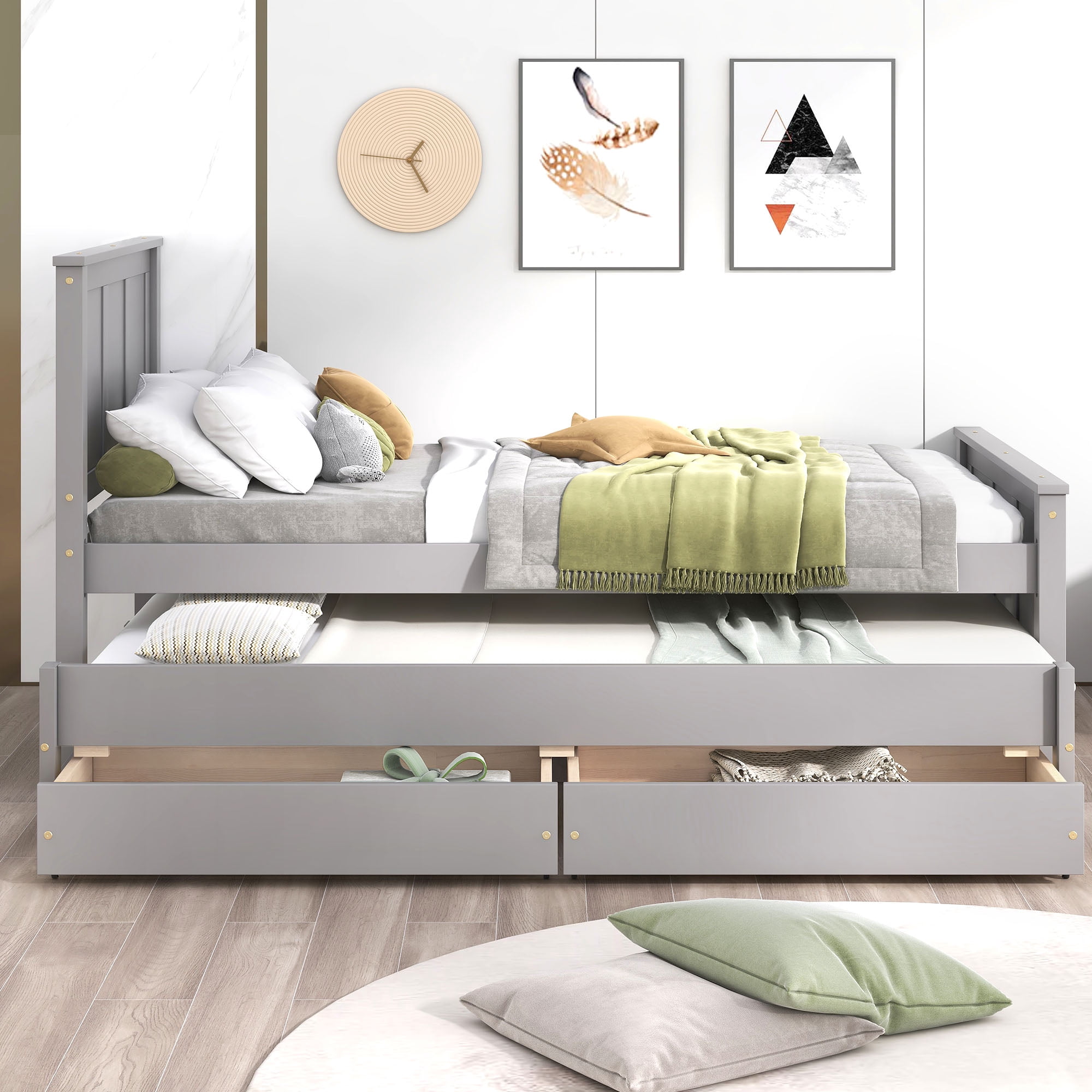 Euroco Twin Size Platform Bed with Trundle and Drawers, Gray