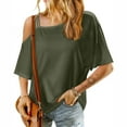 thumbnail image 2 of Women's T Shirts Off Shoulder Summer Solid Color Short Sleeve Casual Tees A-Olive Green, 2 of 7