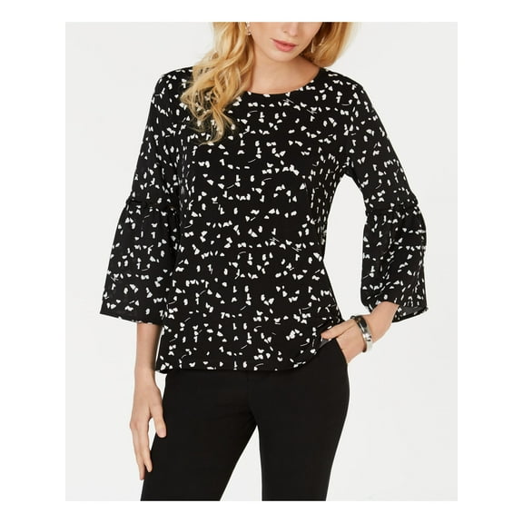 ALFANI $69 Womens New Black Printed Jewel Neck Bell Sleeve Hi-Lo Top M B B