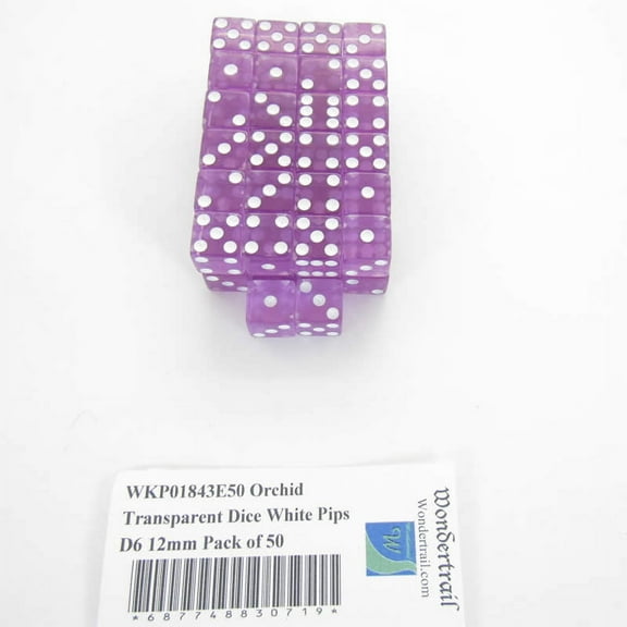Orchid Transparent Dice with White Pips Square Corners D6 12mm (1/2in) Pack of 50 Wondertrail