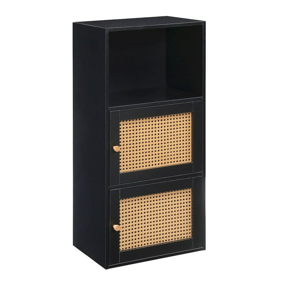 Xtra Storage Boho Weave Two-Door Cabinet with Shelf in Black Wood Finish