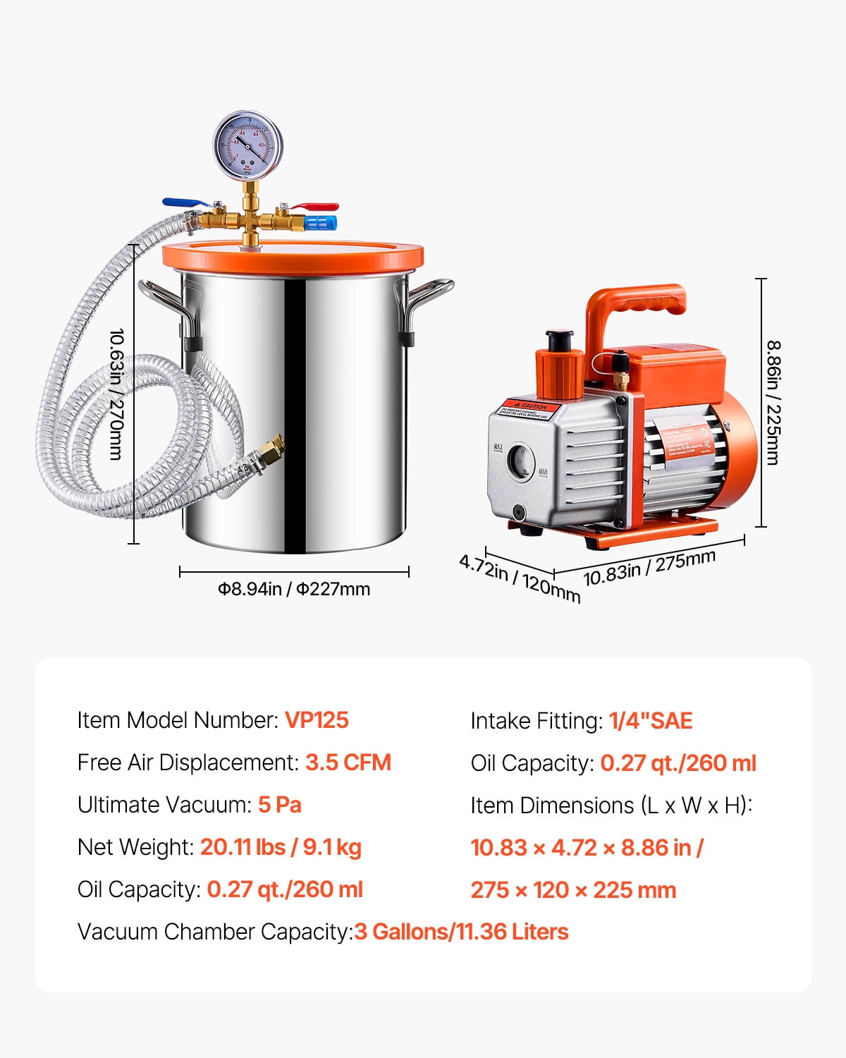 KFFKFF 3 Gallon Vacuum Chamber with 3.5 CFM Pump Kit, Composed of Stainless Steel Chamber, Single Stage Vacuum Pump Degassing Chamber Kit, Accompanied by Acrylic Lid, Oil, 4.92 ft Hose