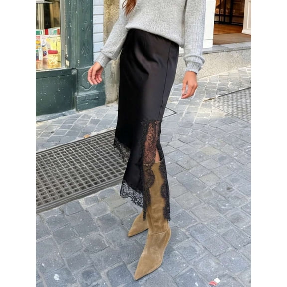 Black Satin Lace Trim Maxi Skirt With Asymmetrical Hem And Side Slit