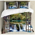 thumbnail image 1 of Waterfall Queen Size Duvet Cover Set, Wide Waterfall Deep down in the Forest Seen from A City Window Epic Surreal Print, Decorative 3 Piece Bedding Set with 2 Pillow Shams, Multicolor, by Ambesonne, 1 of 3