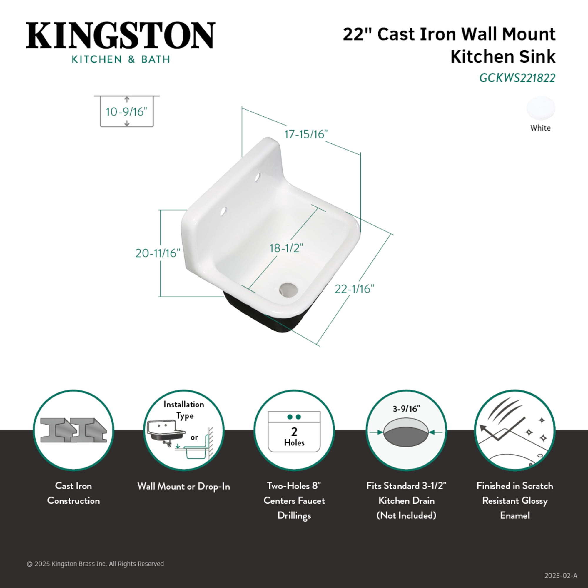 Fauceture GCKWS221822 Petra Galley 22" Cast Iron Single Bowl Wall Mount Kitchen Sink (2-Hole), White
