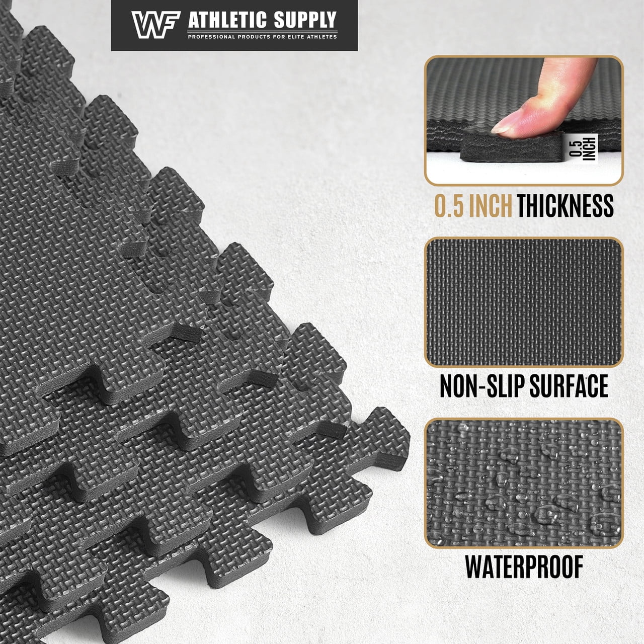 WF Athletic Supply 24 SQ.FT T-Pattern 1/2-Inch Thickness Interlocking Exercise Foam Mats, Extra Thick Eva Foam Flooring Tiles, Gym Fitness Equipment Mat, Home Protective Flooring Cushion, Black