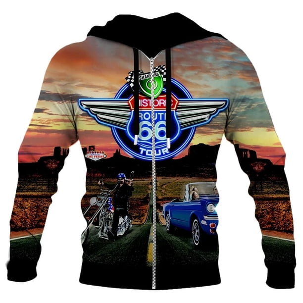 Nueva sudadera con capucha con cremallera para hombre, chaqueta con estampado 3D de motocicleta Route 66, ropa de abrigo de gran tamaño para hombre, sudadera con capucha de moda urbana para hombre