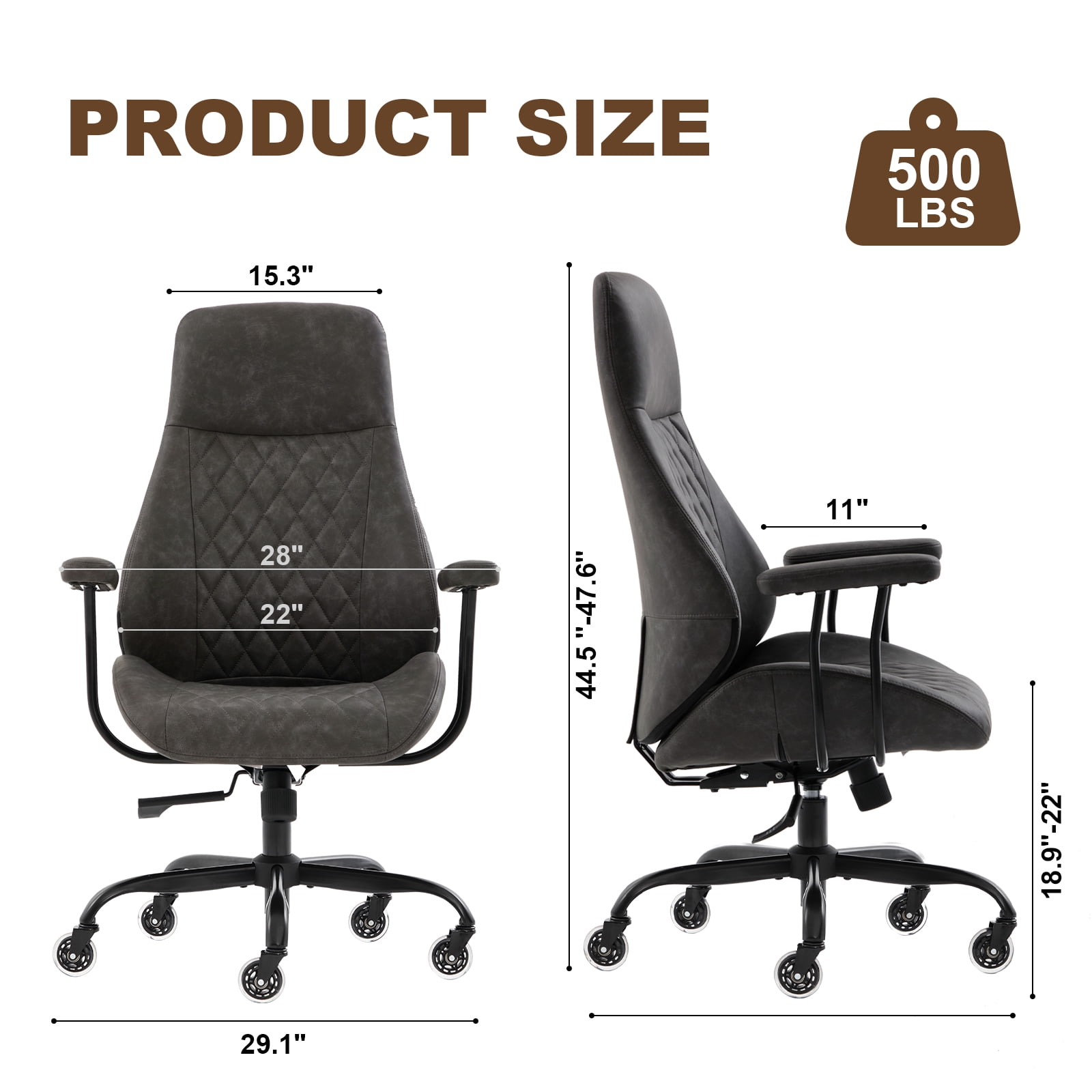 E-Motie Home Office Desk Chair, Ergonomic High Back Leather Computer Chair with Lumbar Support, Adjustable Height & Recline, Swivel Executive Office Chair with Armrests and Rubber Casters, Dark Gray