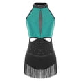 thumbnail image 4 of YiZYiF Womens Sparkle Latin Dance Leotard Tassel Skirt Halter Backless Bodysuit Cha Cha Rumba Shows Teal L, 4 of 6