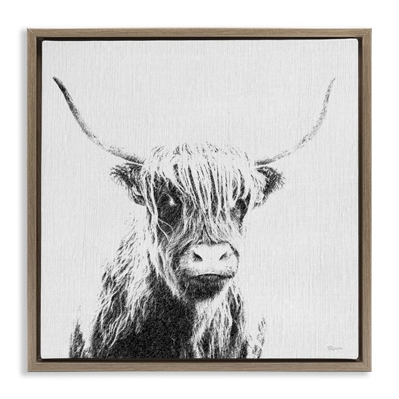 Stupell Industries Longhorn Sketch in Grey Animals Painting Brown Floater Framed Canvas Art Print Wall Art, 25 x 25
