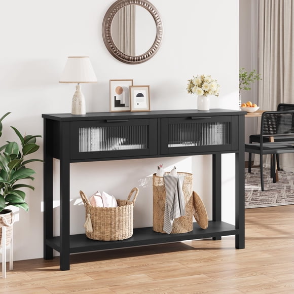 2-Tier Console Table with Glass Drawers – Narrow Sofa Side Table for Entryway, Living Room, Hallway – Modern Storage Shelf, Farmhouse Accent, 25 Years Black