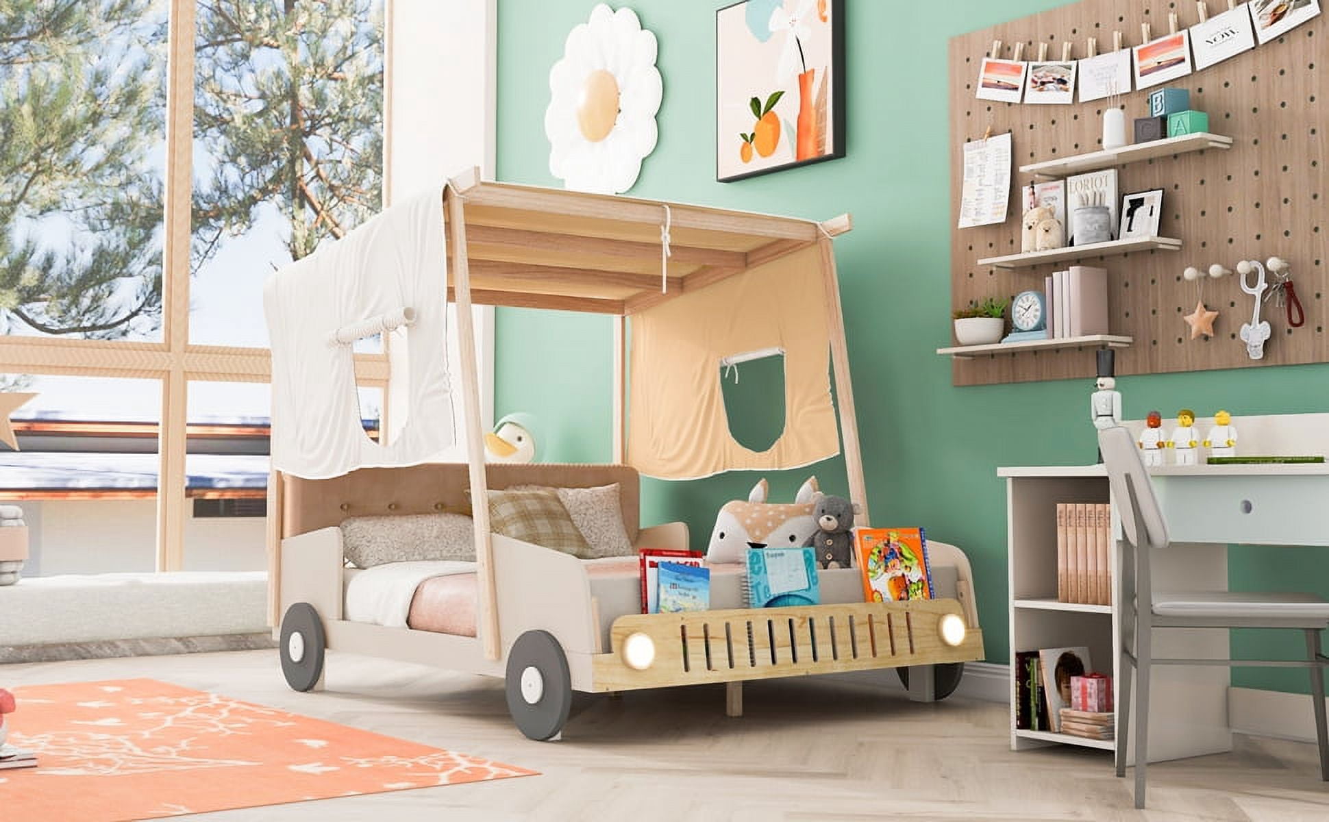 CoSoTower Wood Full Size Car Bed with Pillow, Ceiling Cloth and Led, Natural